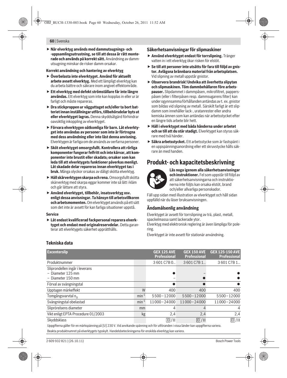 Produkt- och kapacitetsbeskrivning | Bosch GEX 125-150 AVE Professional User Manual | Page 60 / 194