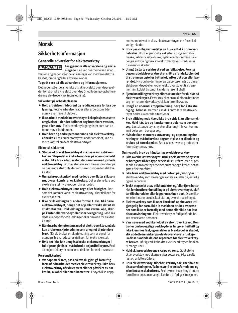 Norsk, Sikkerhetsinformasjon | Bosch GEX 125-150 AVE Professional User Manual | Page 65 / 194