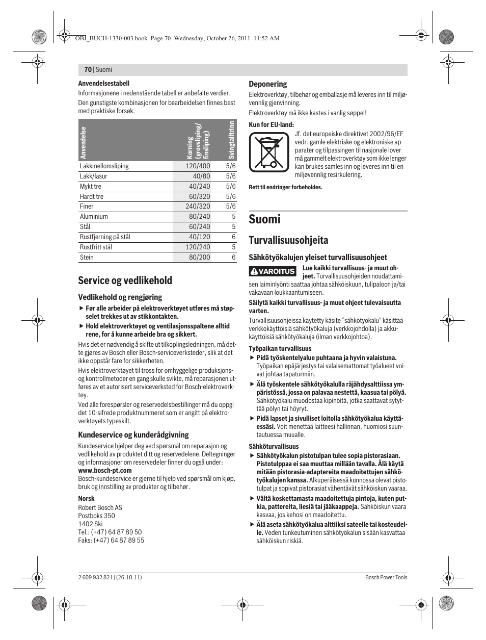 Suomi, Service og vedlikehold, Turvallisuusohjeita | Bosch GEX 125-150 AVE Professional User Manual | Page 70 / 194