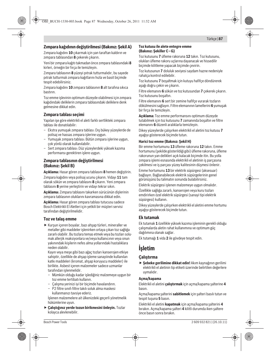 Işletim | Bosch GEX 125-150 AVE Professional User Manual | Page 87 / 194