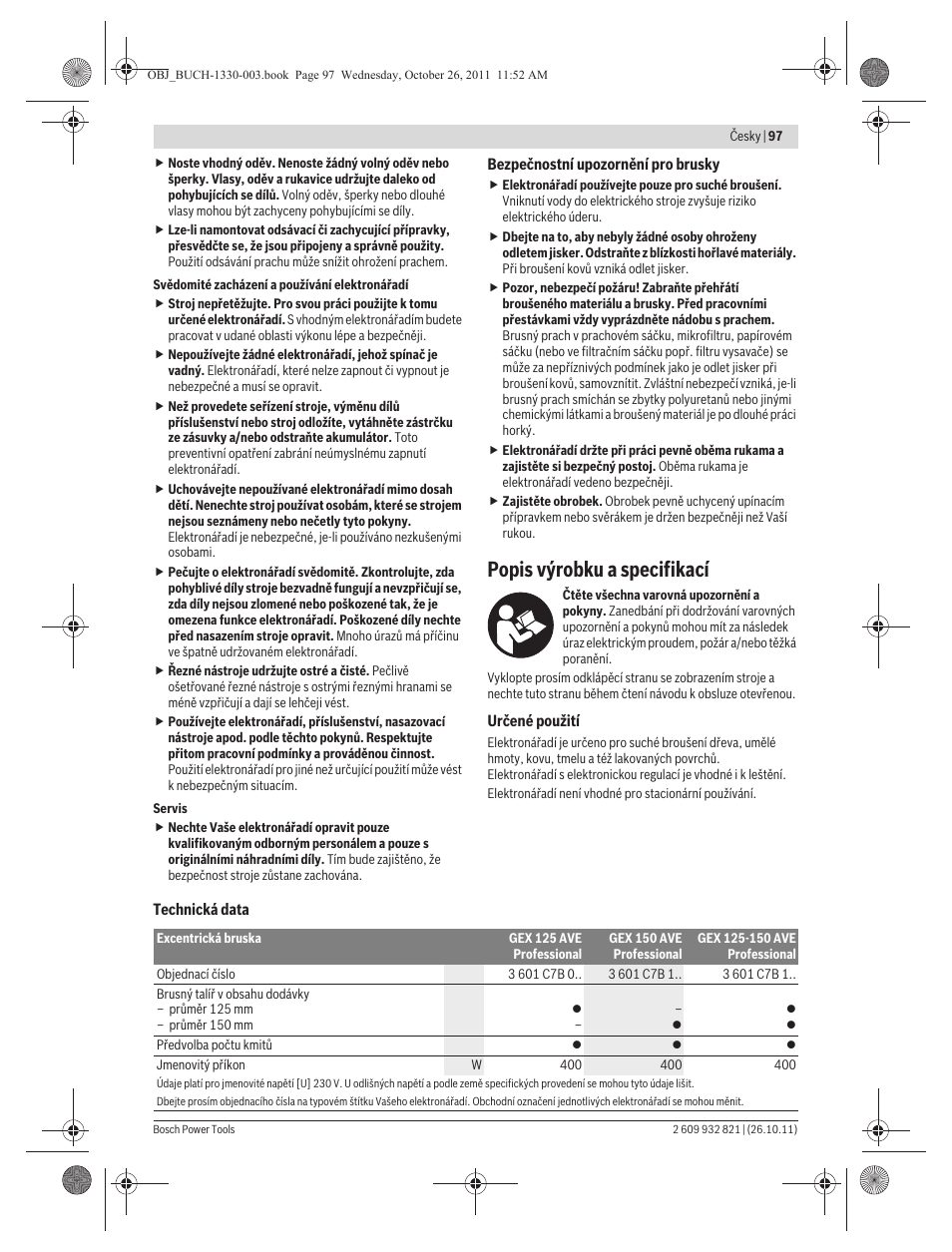 Popis výrobku a specifikací | Bosch GEX 125-150 AVE Professional User Manual | Page 97 / 194