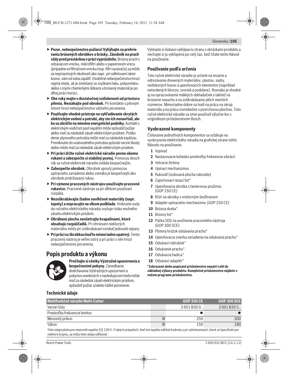 Popis produktu a výkonu | Bosch GOP 250 CE Professional User Manual | Page 105 / 199