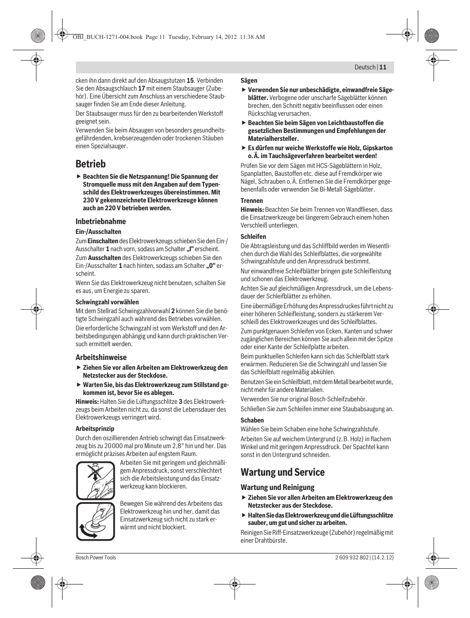 Betrieb, Wartung und service | Bosch GOP 250 CE Professional User Manual | Page 11 / 199