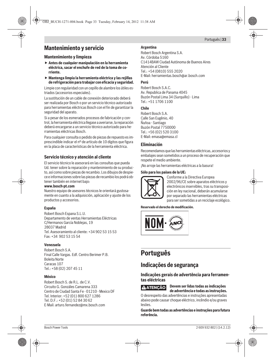 Português, Mantenimiento y servicio, Indicações de segurança | Bosch GOP 250 CE Professional User Manual | Page 33 / 199