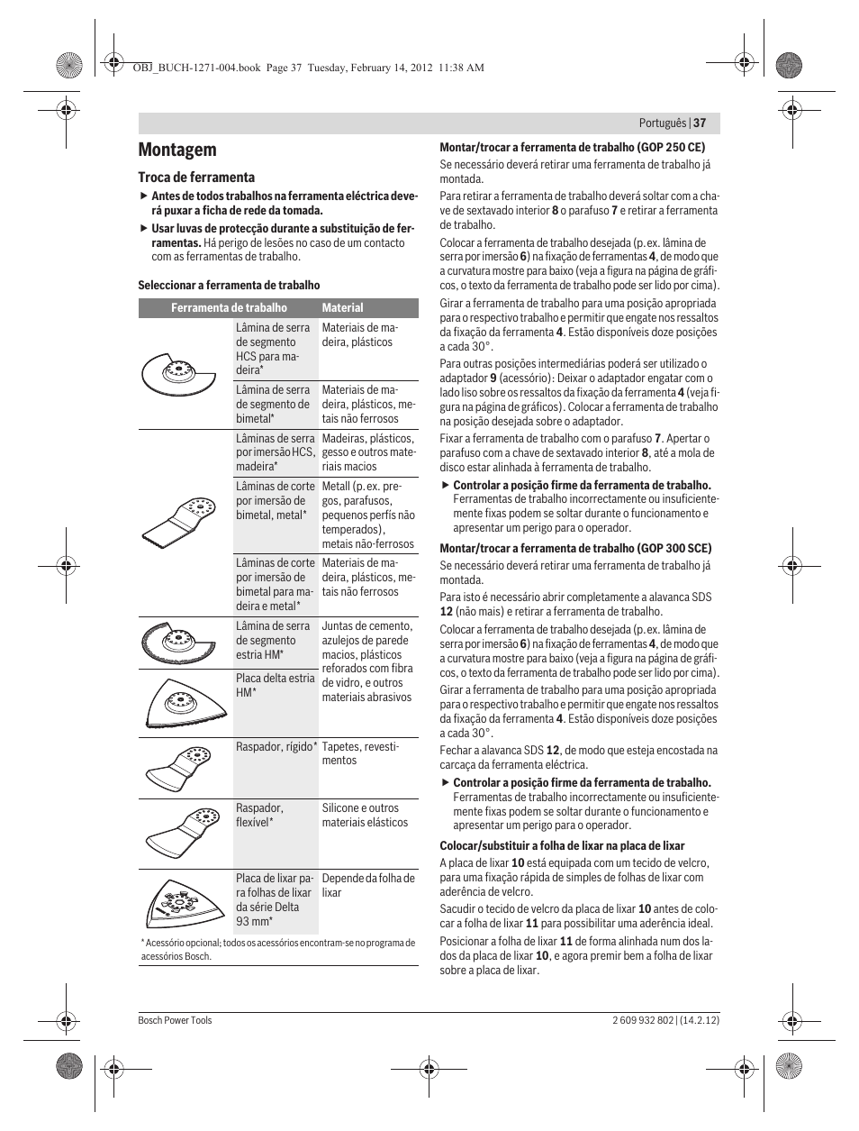 Montagem | Bosch GOP 250 CE Professional User Manual | Page 37 / 199