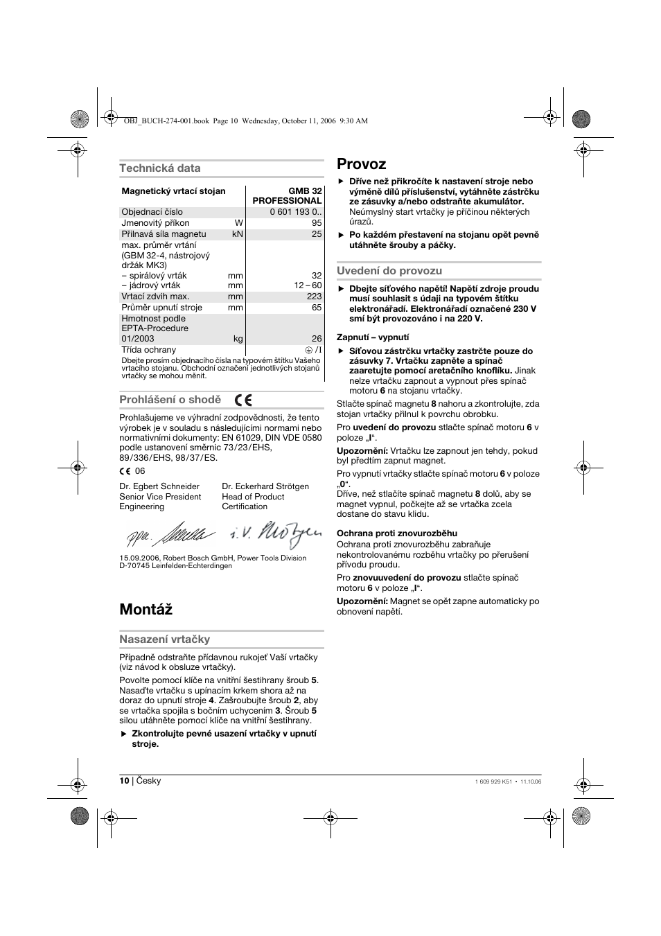 Montáž, Provoz | Bosch GMB 32 Professional User Manual | Page 10 / 48