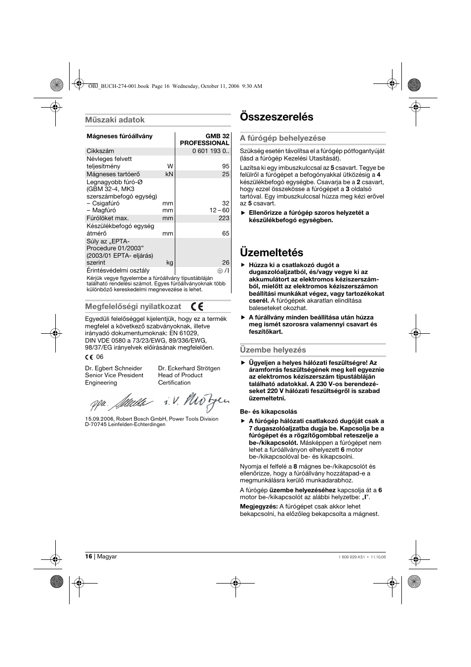 Összeszerelés, Üzemeltetés | Bosch GMB 32 Professional User Manual | Page 16 / 48