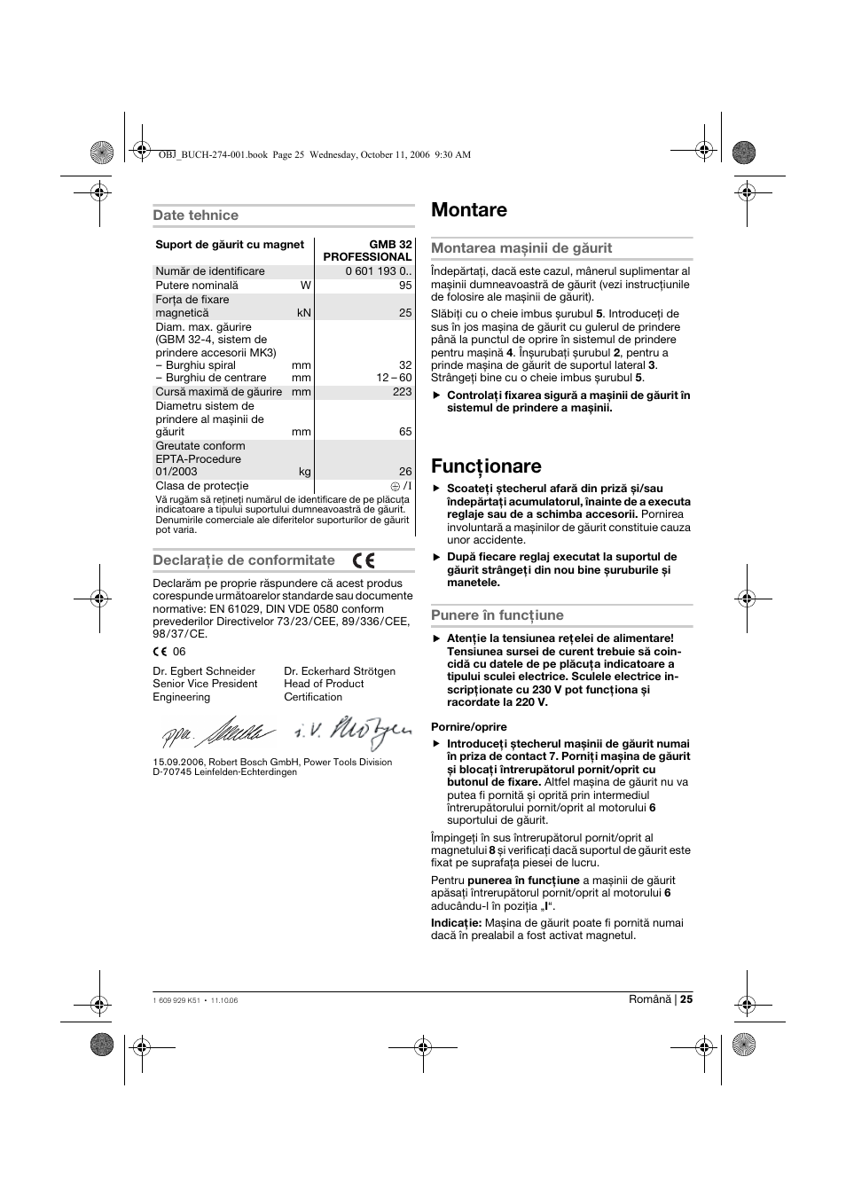 Montare, Funcţionare | Bosch GMB 32 Professional User Manual | Page 25 / 48