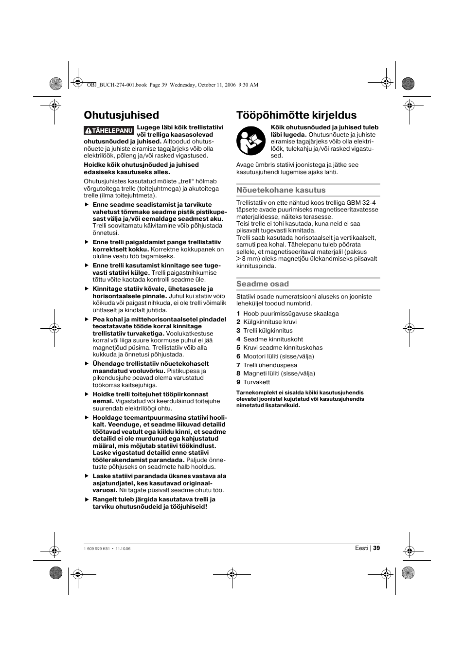 Ohutusjuhised, Tööpõhimõtte kirjeldus | Bosch GMB 32 Professional User Manual | Page 39 / 48