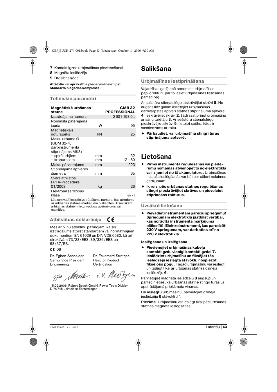 Salikšana, Lietošana | Bosch GMB 32 Professional User Manual | Page 43 / 48