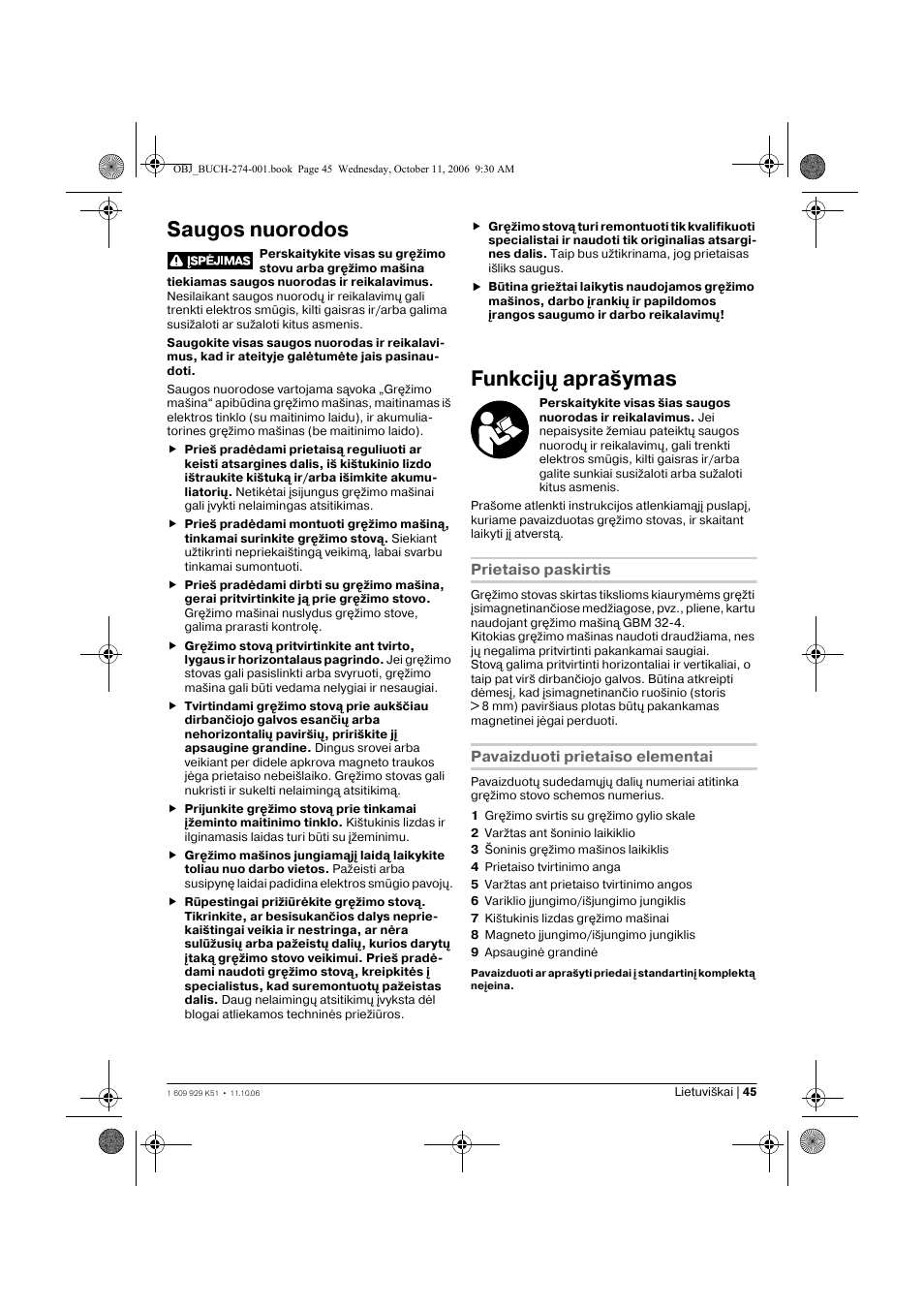 Saugos nuorodos, Funkcijų aprašymas | Bosch GMB 32 Professional User Manual | Page 45 / 48