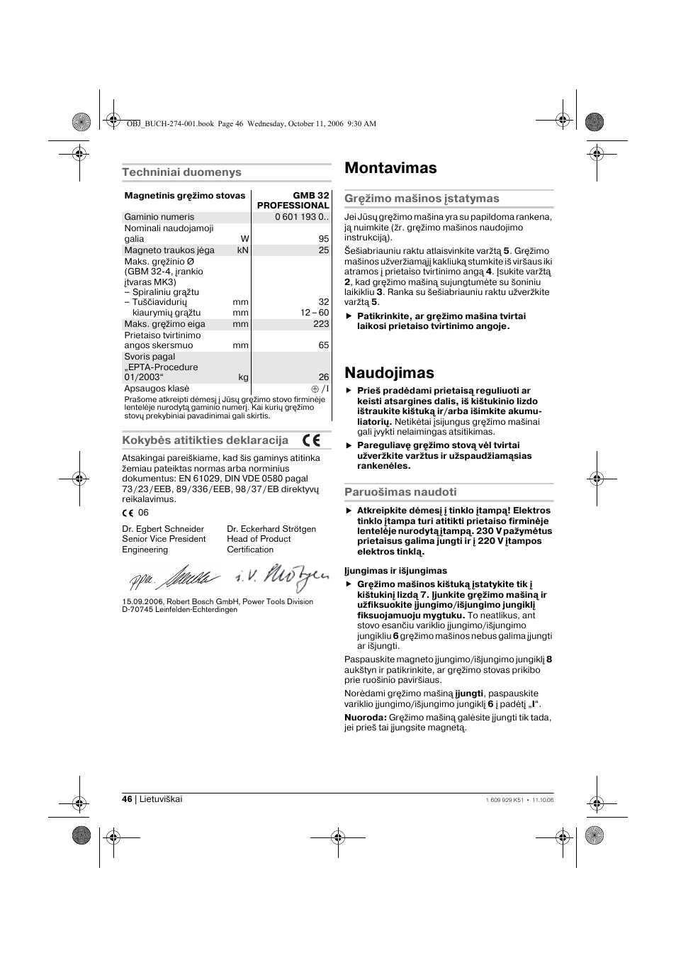 Montavimas, Naudojimas | Bosch GMB 32 Professional User Manual | Page 46 / 48