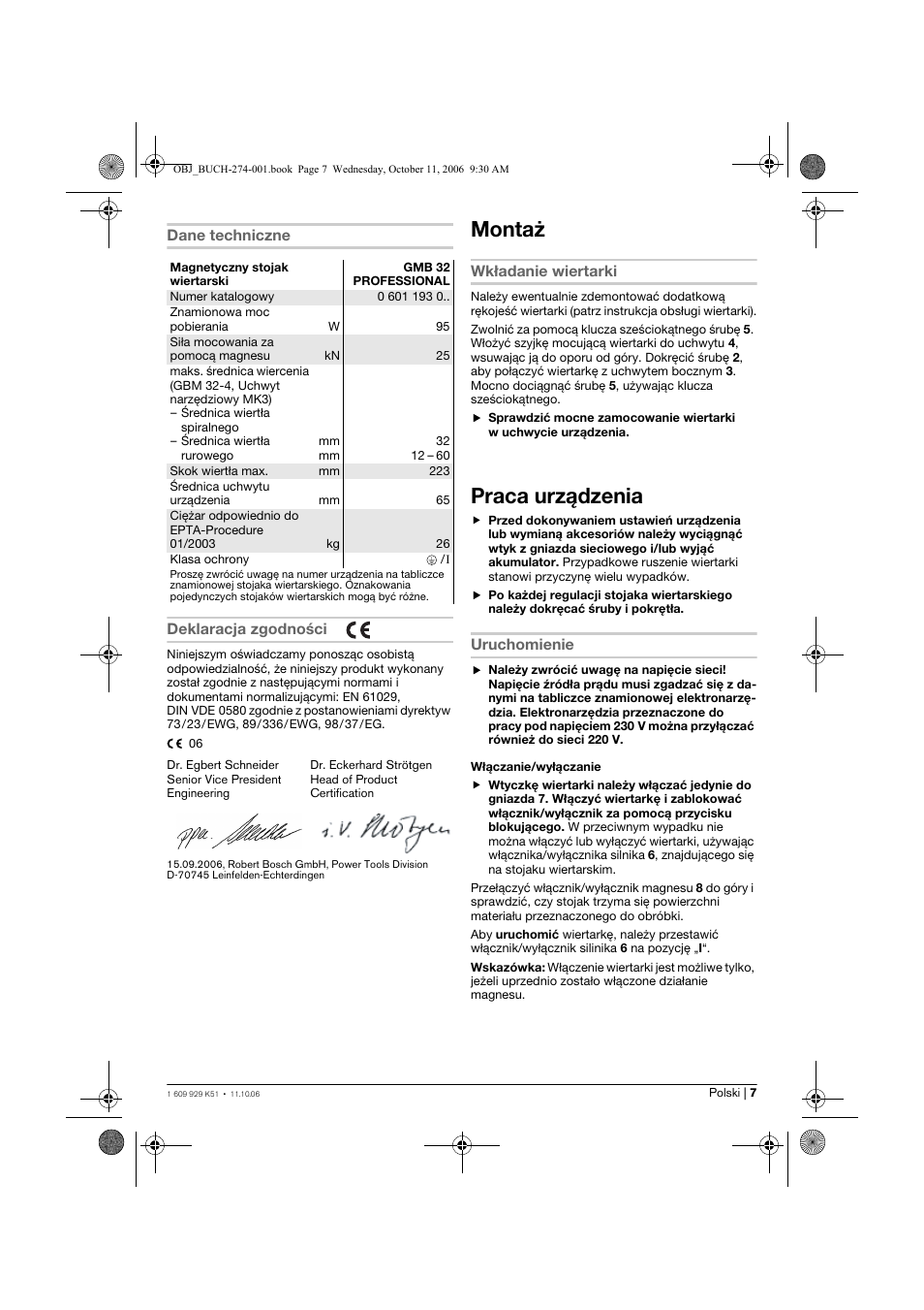 Montaż, Praca urządzenia | Bosch GMB 32 Professional User Manual | Page 7 / 48