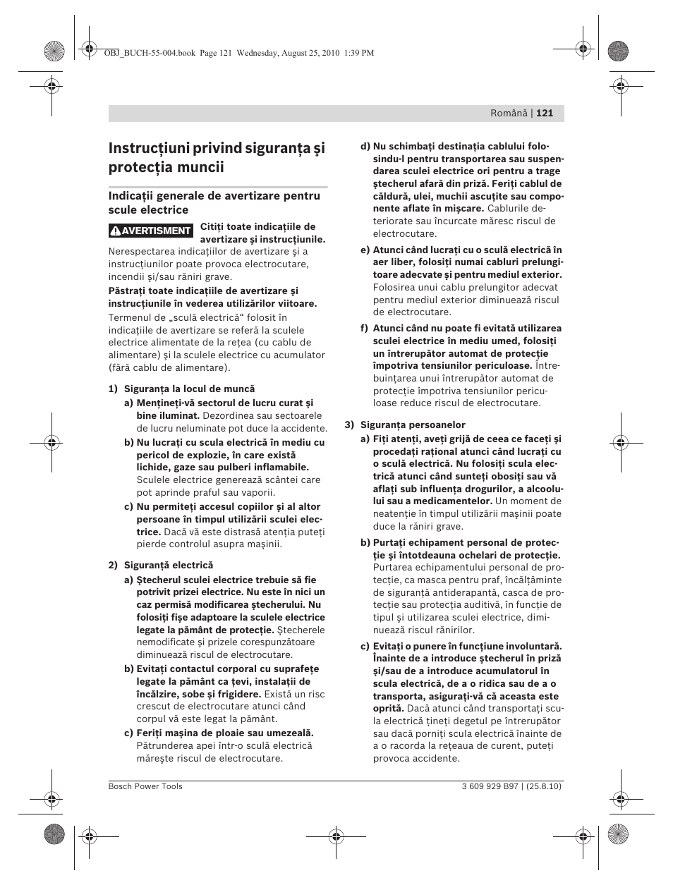 Instrucţiuni privind siguranţa şi protecţia muncii | Bosch GSG 300 Professional User Manual | Page 121 / 179