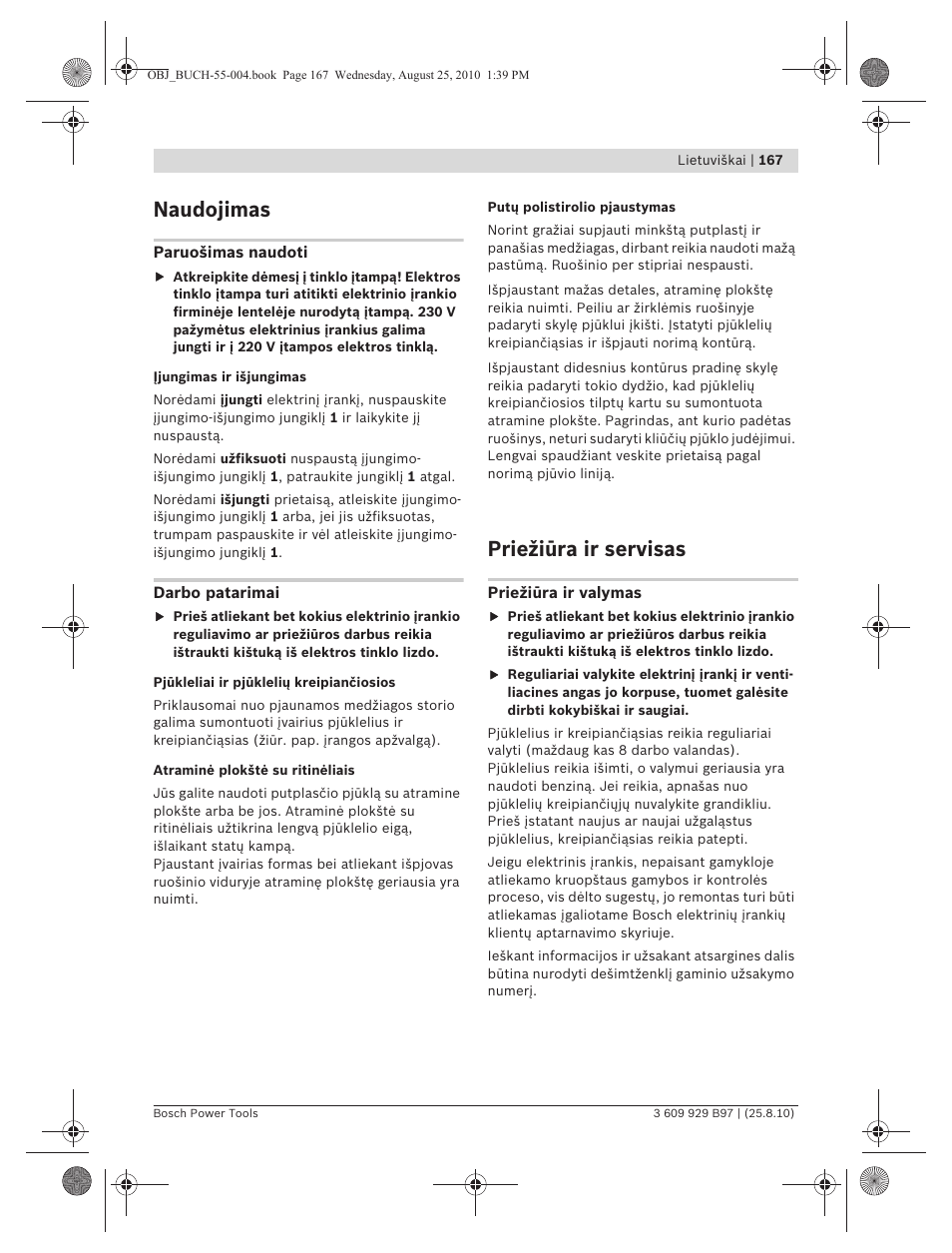 Naudojimas, Priežiūra ir servisas | Bosch GSG 300 Professional User Manual | Page 167 / 179