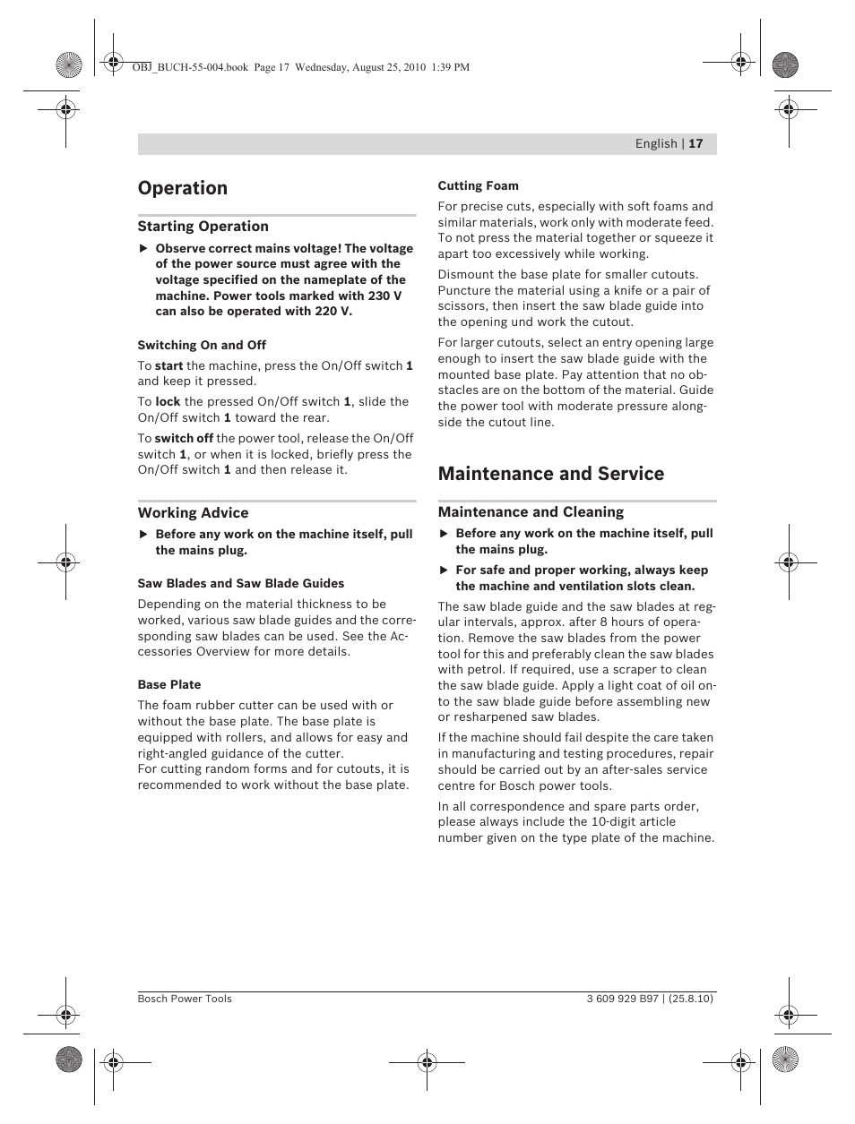 Operation, Maintenance and service | Bosch GSG 300 Professional User Manual | Page 17 / 179