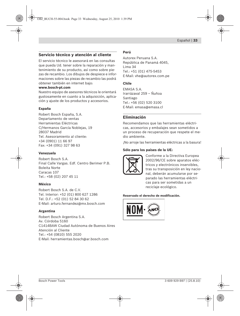 Servicio técnico y atención al cliente, Eliminación, Español | 33 | Bosch GSG 300 Professional User Manual | Page 33 / 179