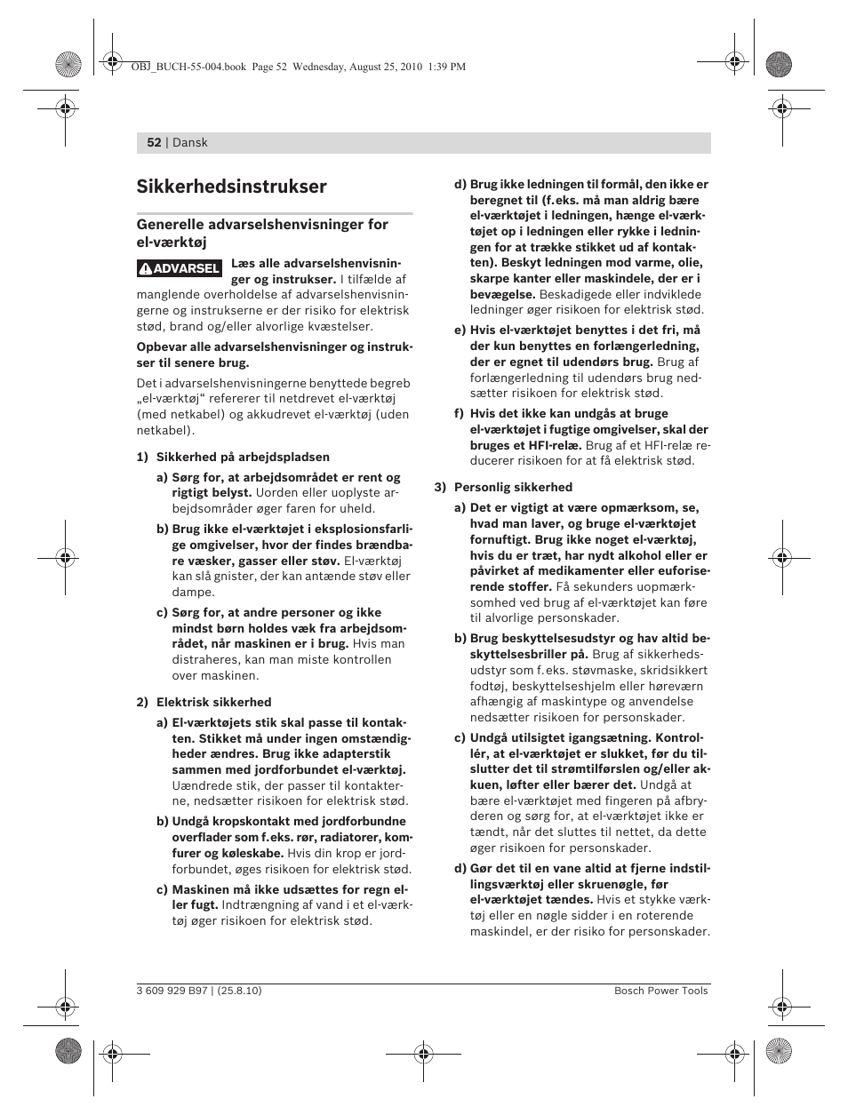 Sikkerhedsinstrukser | Bosch GSG 300 Professional User Manual | Page 52 / 179