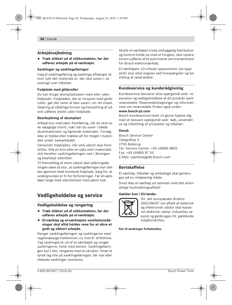 Vedligeholdelse og service | Bosch GSG 300 Professional User Manual | Page 56 / 179