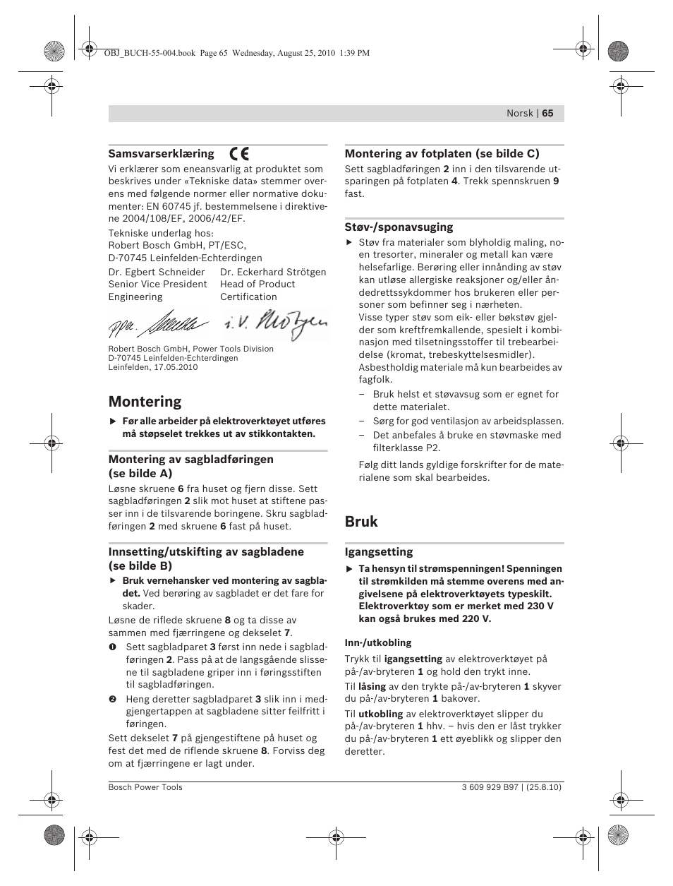 Montering, Bruk | Bosch GSG 300 Professional User Manual | Page 65 / 179