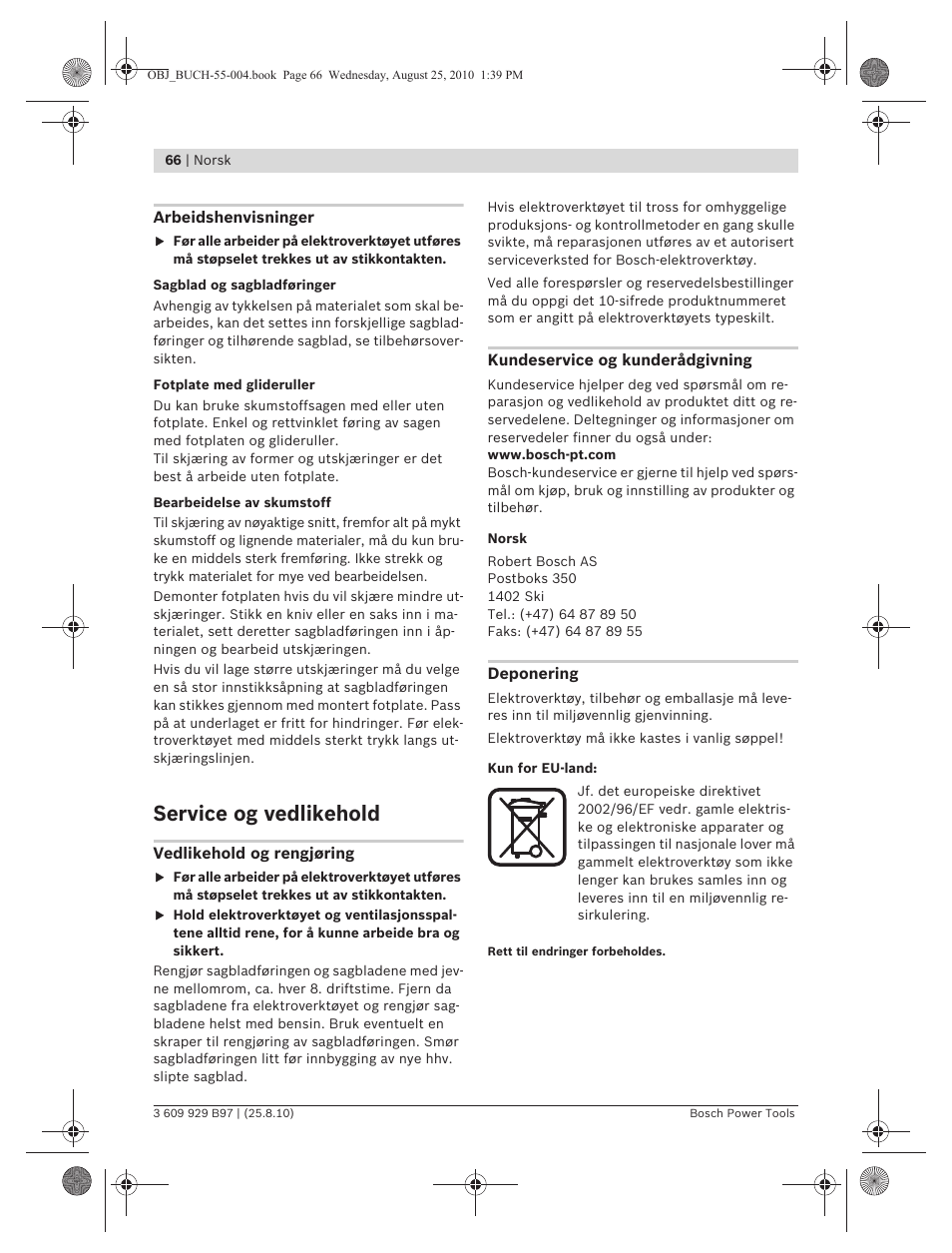 Service og vedlikehold | Bosch GSG 300 Professional User Manual | Page 66 / 179