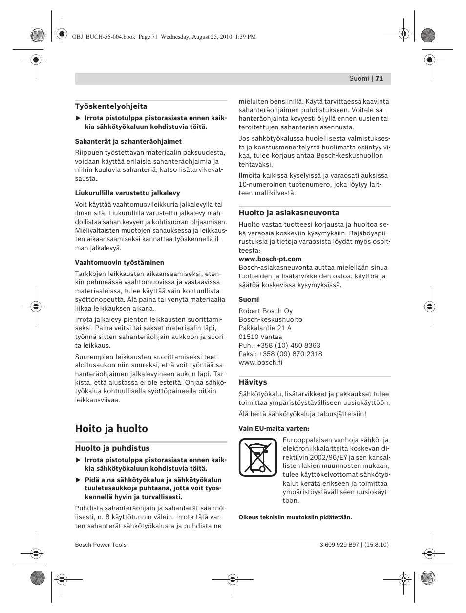 Hoito ja huolto | Bosch GSG 300 Professional User Manual | Page 71 / 179