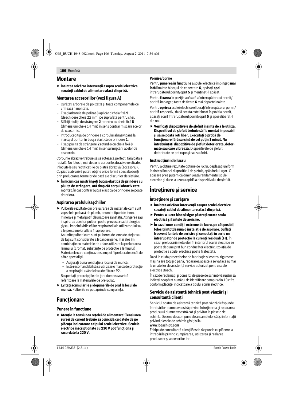 Montare, Funcţionare, Întreţinere şi service | Bosch GGS 16 Professional User Manual | Page 106 / 153