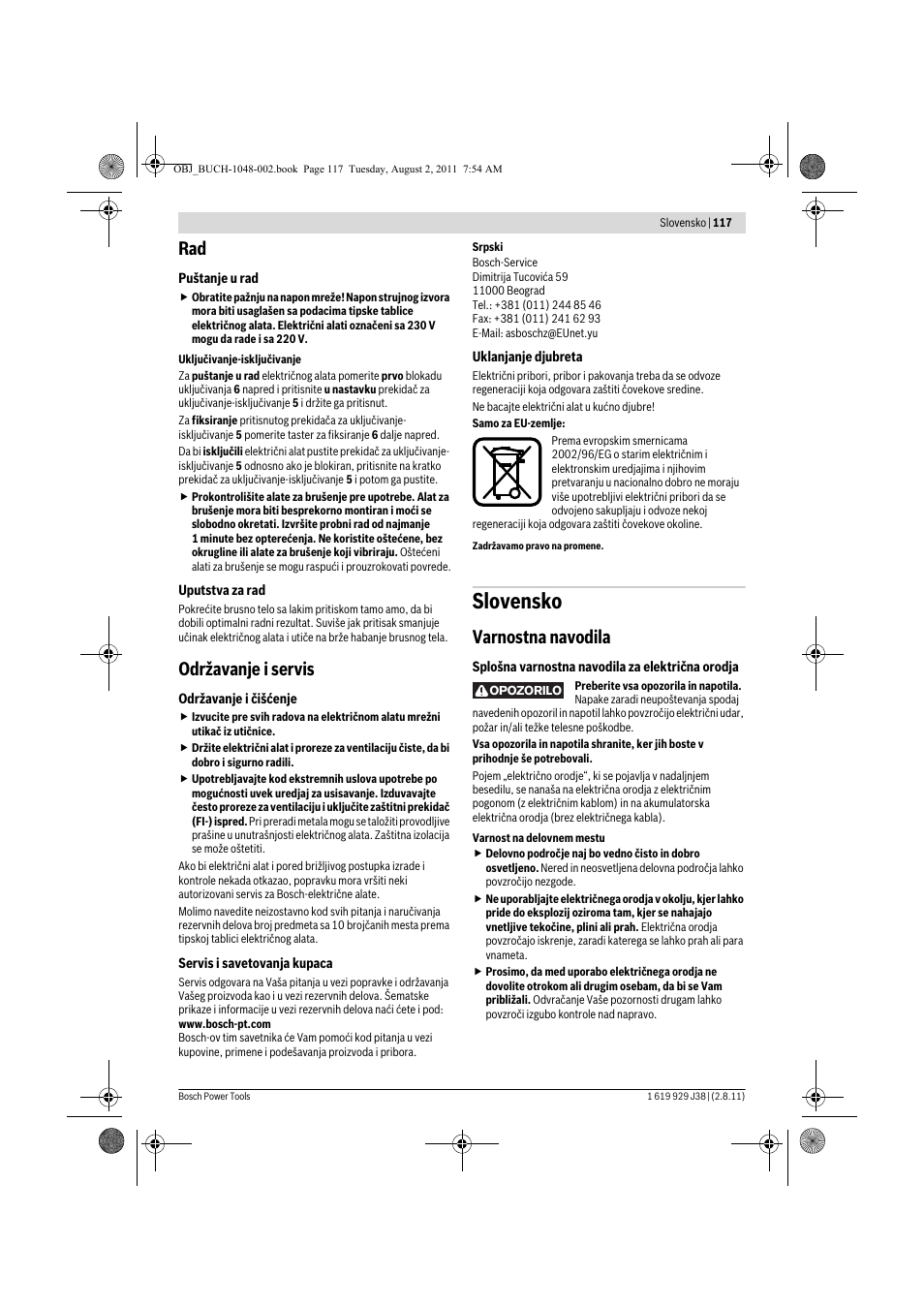 Slovensko, Održavanje i servis, Varnostna navodila | Bosch GGS 16 Professional User Manual | Page 117 / 153