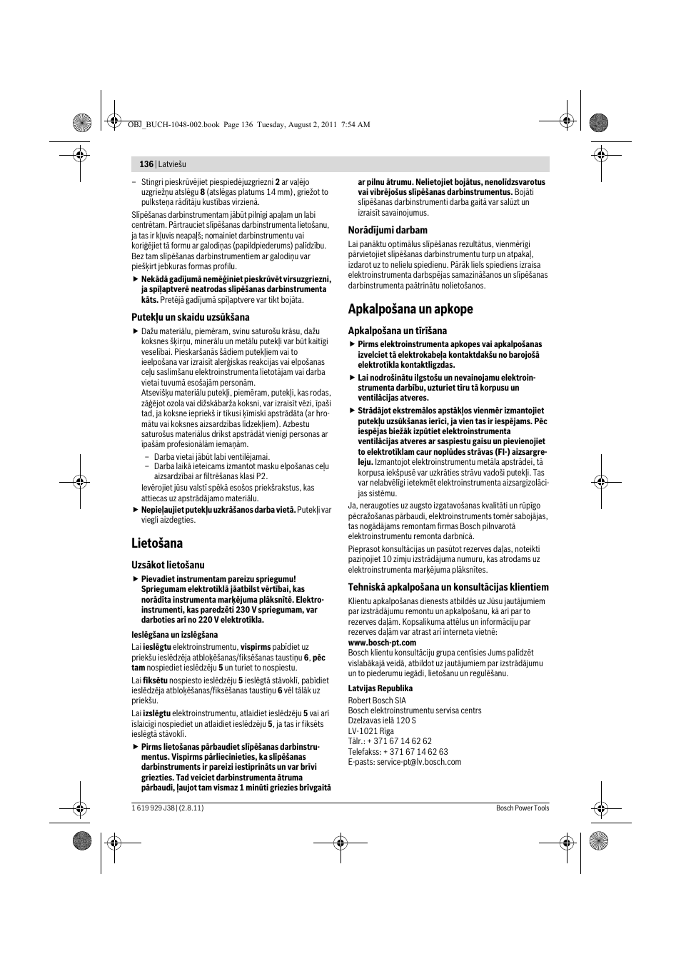 Lietošana, Apkalpošana un apkope | Bosch GGS 16 Professional User Manual | Page 136 / 153