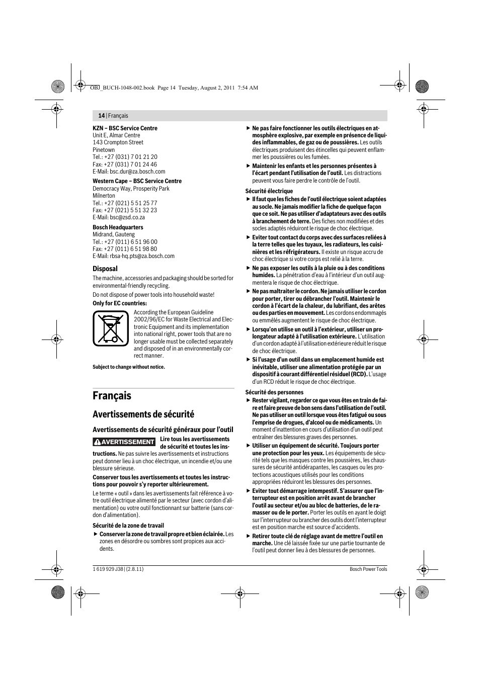 Français, Avertissements de sécurité | Bosch GGS 16 Professional User Manual | Page 14 / 153