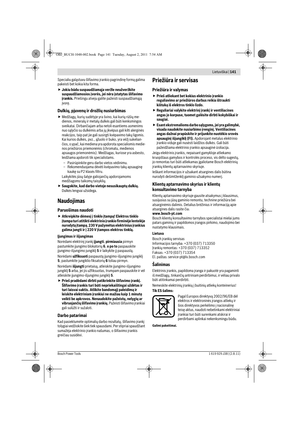 Naudojimas, Priežiūra ir servisas | Bosch GGS 16 Professional User Manual | Page 141 / 153