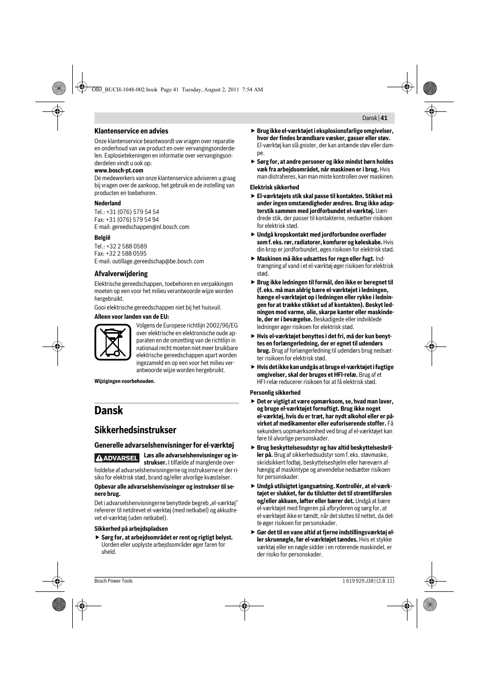 Dansk, Sikkerhedsinstrukser | Bosch GGS 16 Professional User Manual | Page 41 / 153