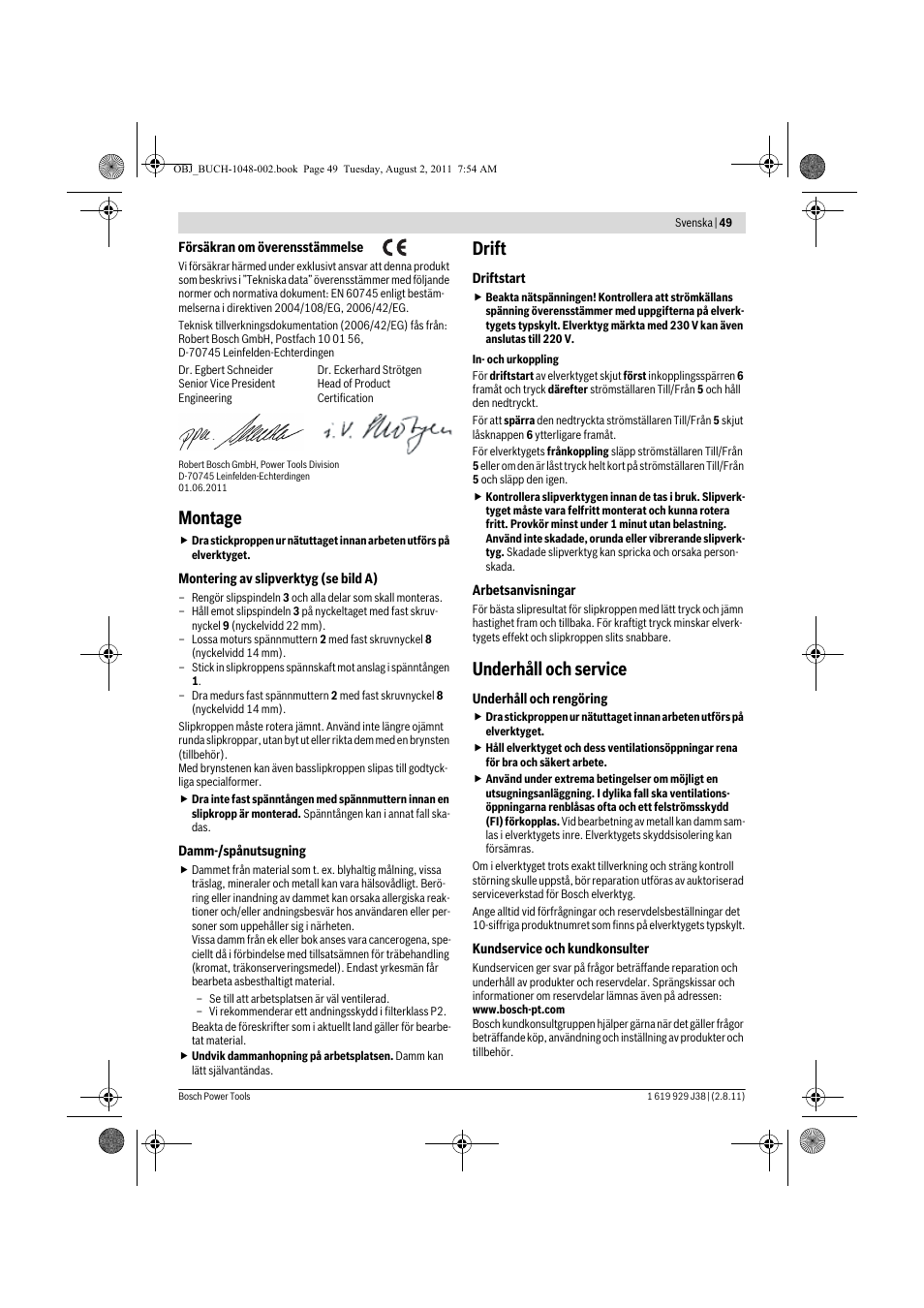 Montage, Drift, Underhåll och service | Bosch GGS 16 Professional User Manual | Page 49 / 153