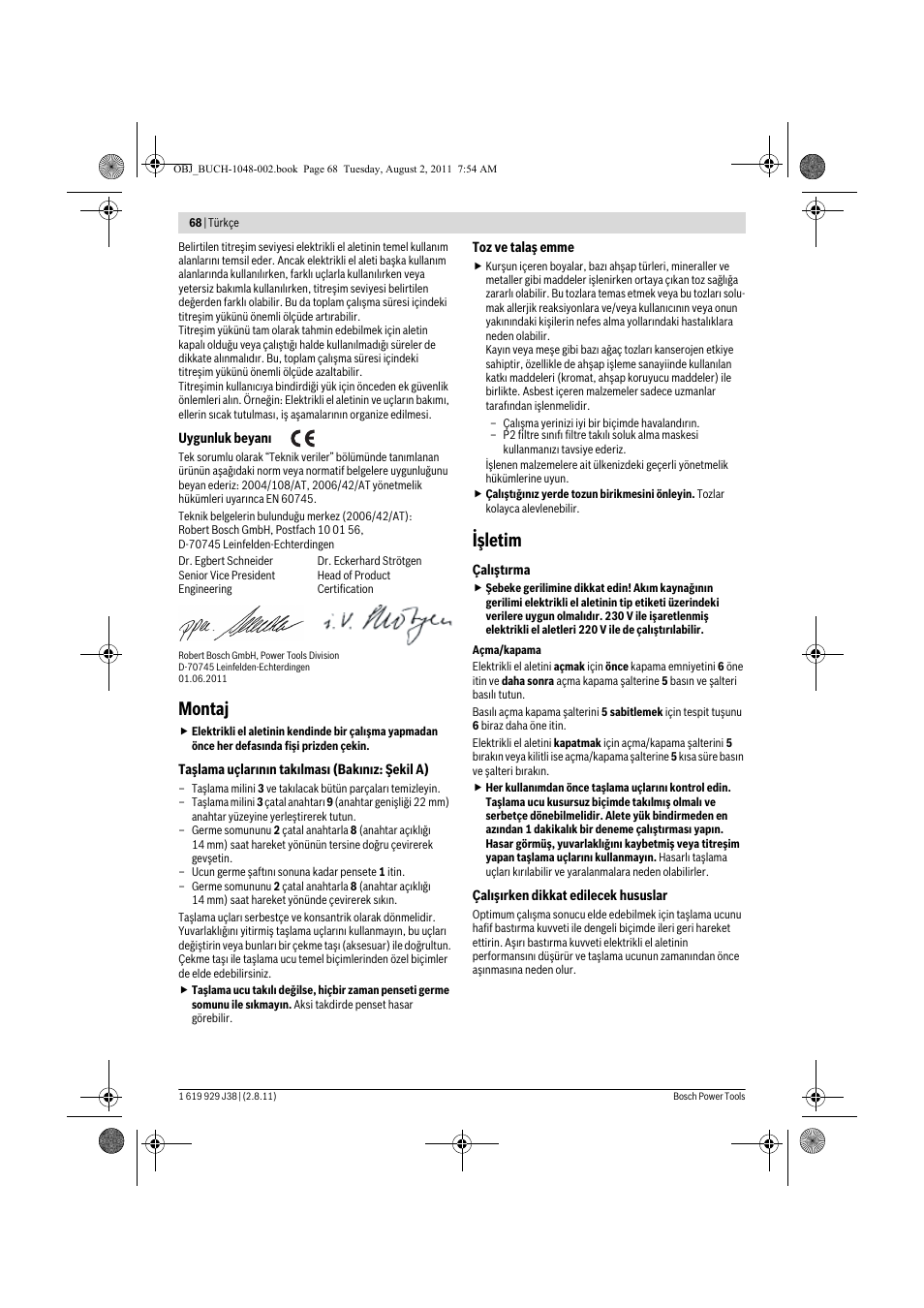 Montaj, Işletim | Bosch GGS 16 Professional User Manual | Page 68 / 153
