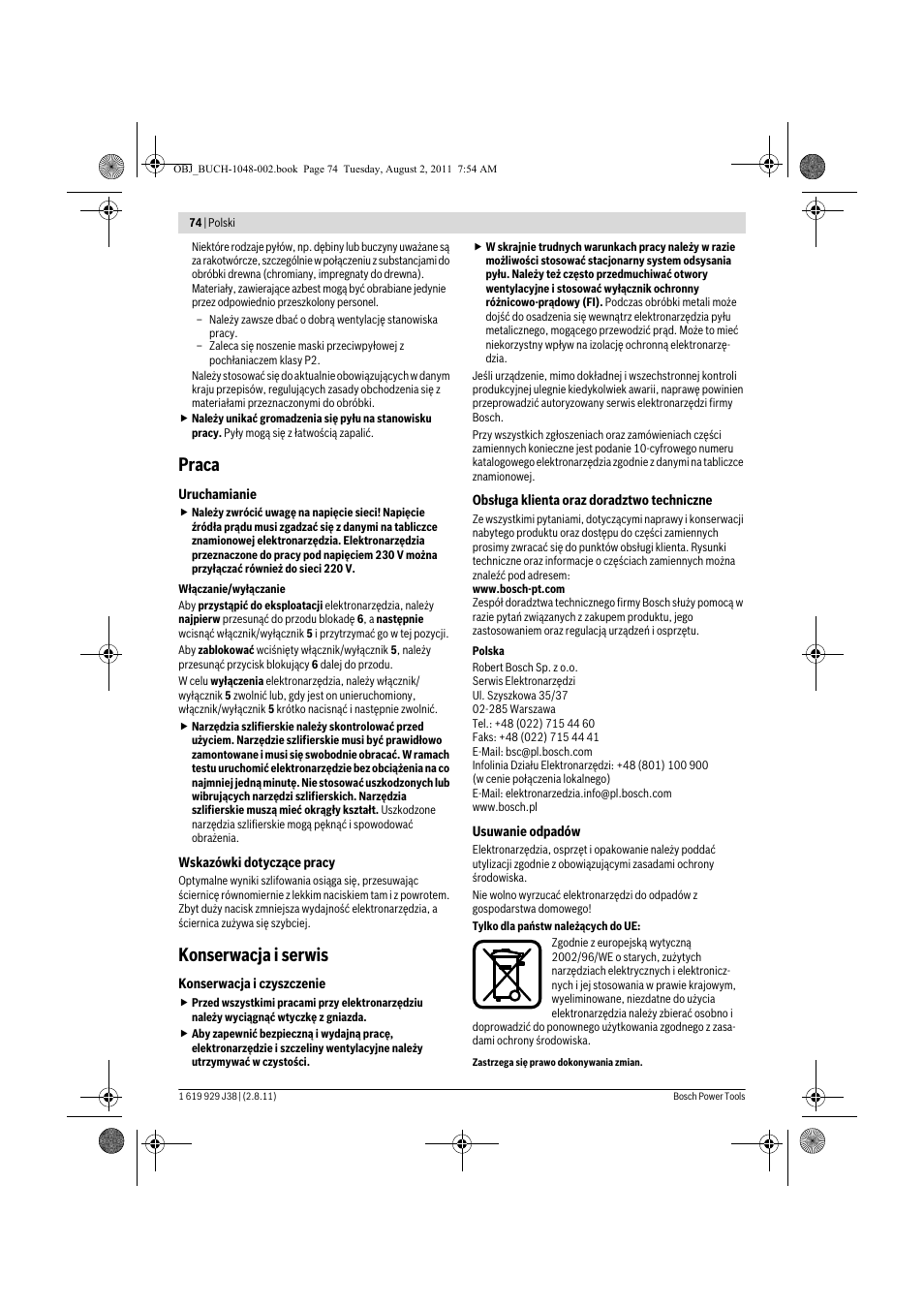 Praca, Konserwacja i serwis | Bosch GGS 16 Professional User Manual | Page 74 / 153