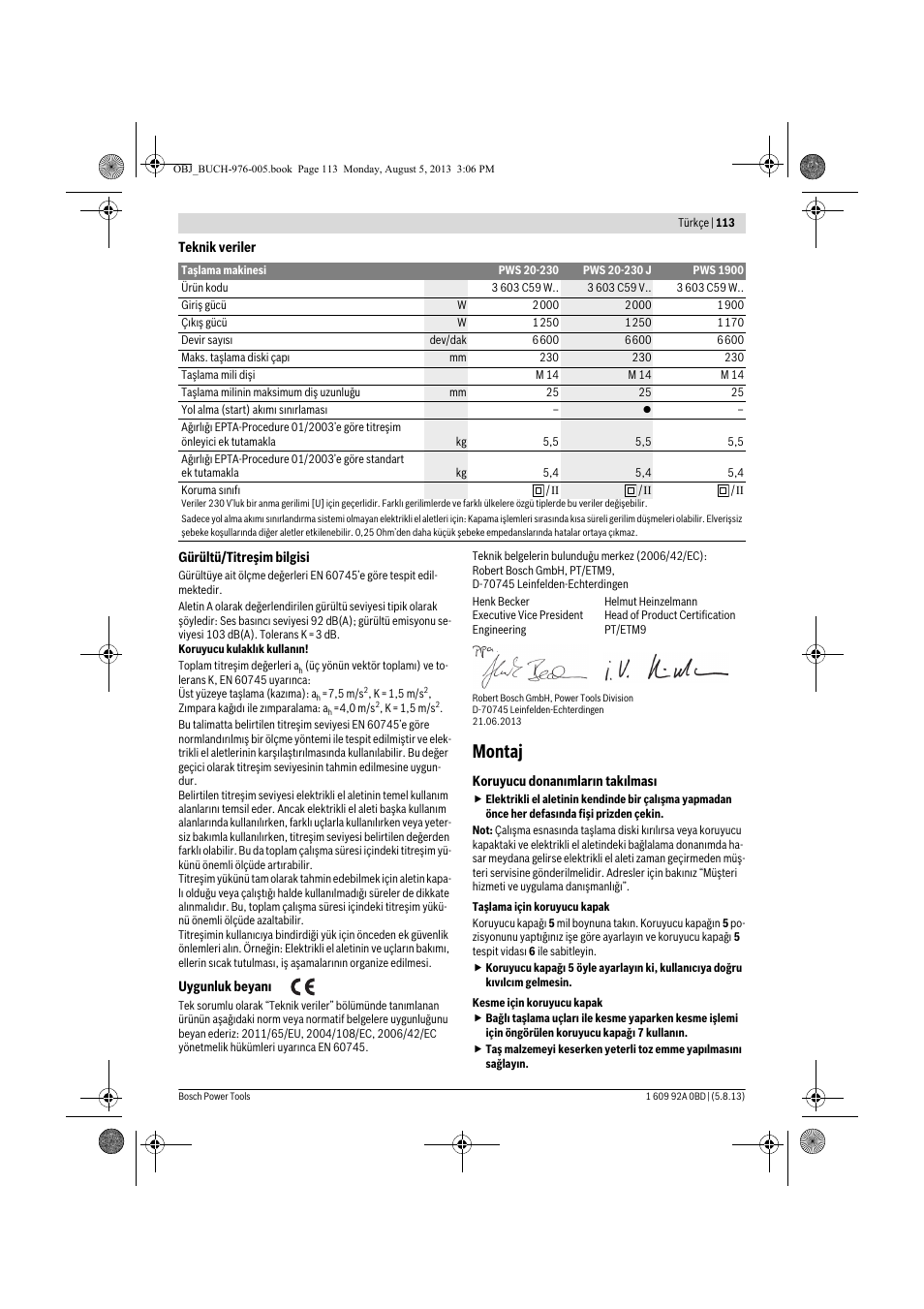 Montaj | Bosch PWS 20-230 J User Manual | Page 113 / 267