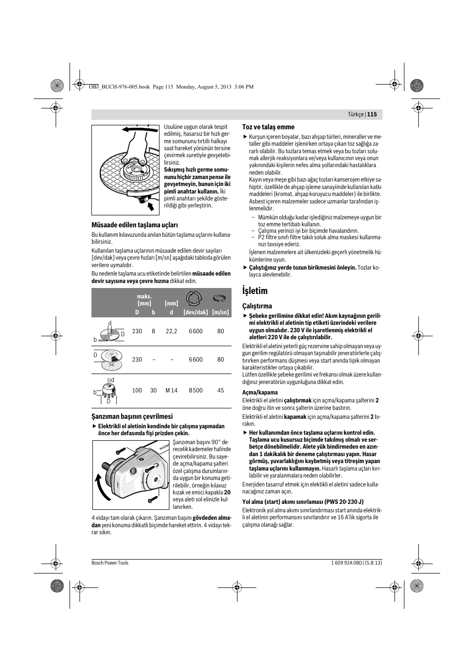 Işletim | Bosch PWS 20-230 J User Manual | Page 115 / 267