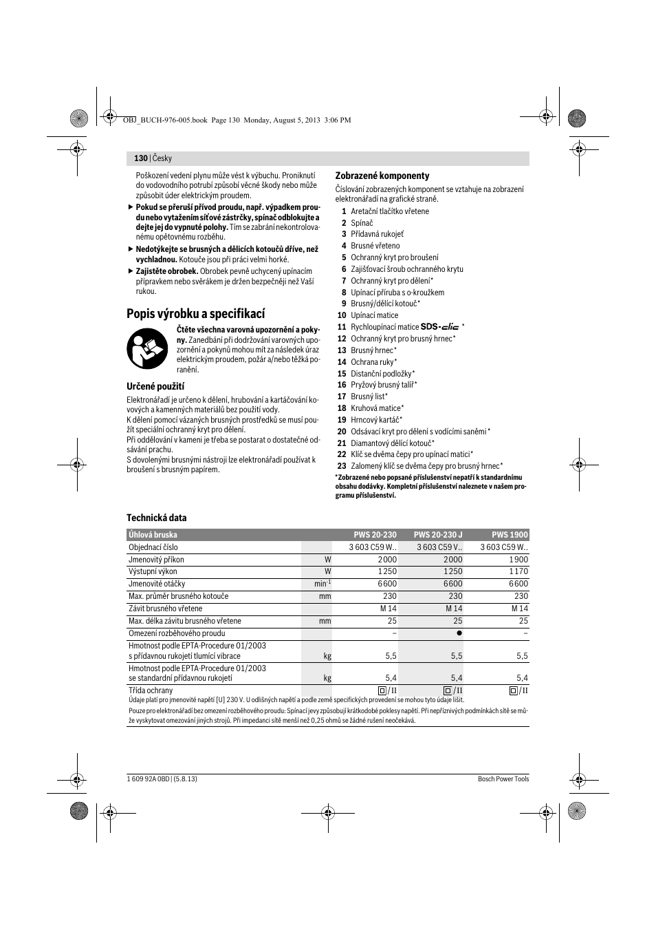 Popis výrobku a specifikací | Bosch PWS 20-230 J User Manual | Page 130 / 267