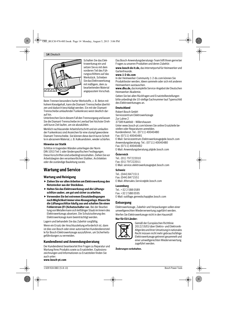 Wartung und service | Bosch PWS 20-230 J User Manual | Page 14 / 267
