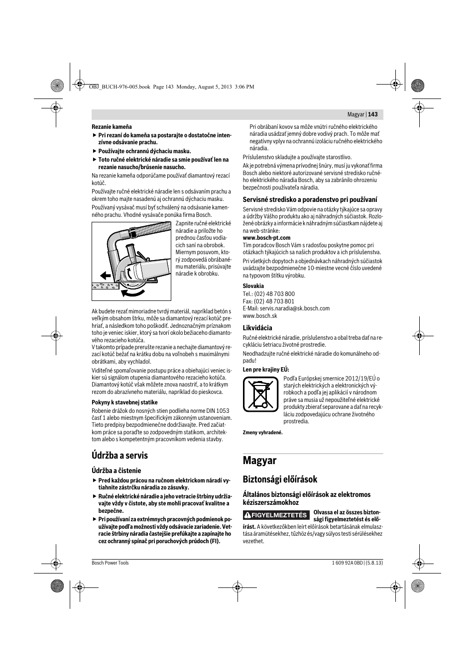 Magyar, Údržba a servis, Biztonsági előírások | Bosch PWS 20-230 J User Manual | Page 143 / 267