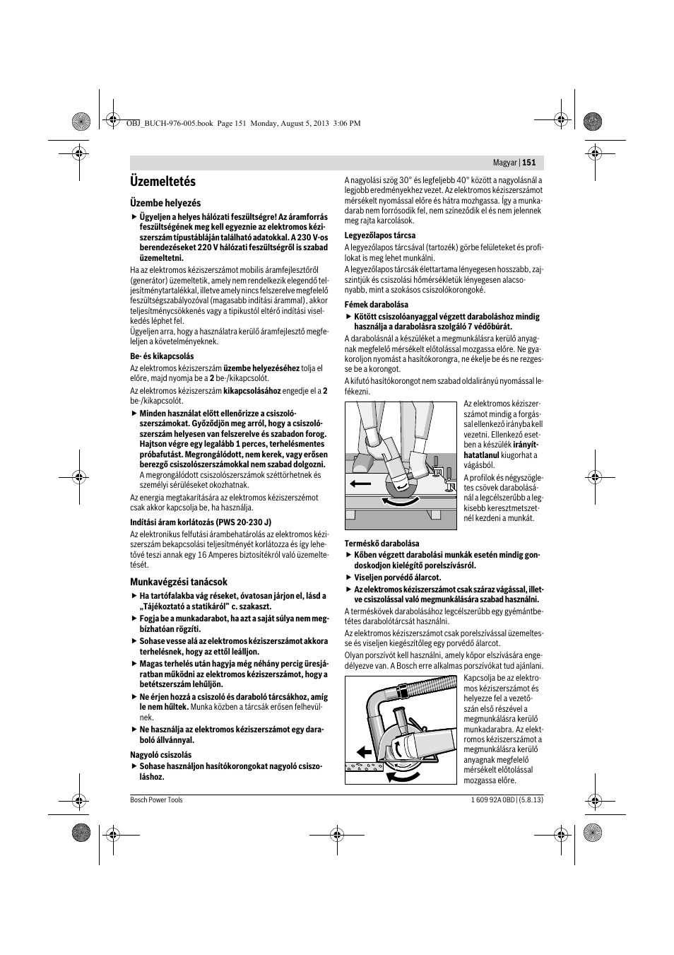 Üzemeltetés | Bosch PWS 20-230 J User Manual | Page 151 / 267