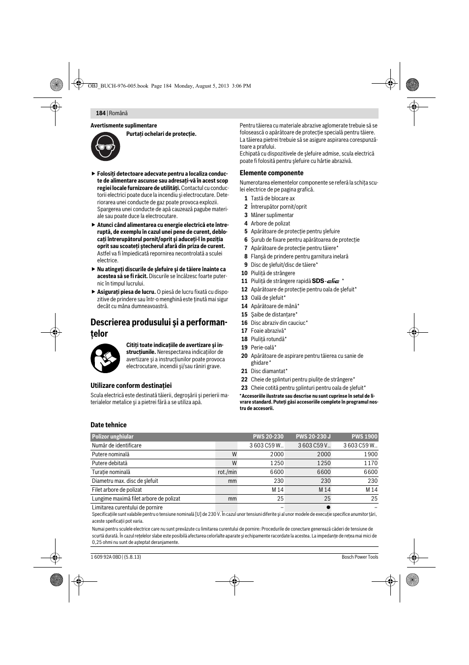 Descrierea produsului şi a performan- ţelor | Bosch PWS 20-230 J User Manual | Page 184 / 267