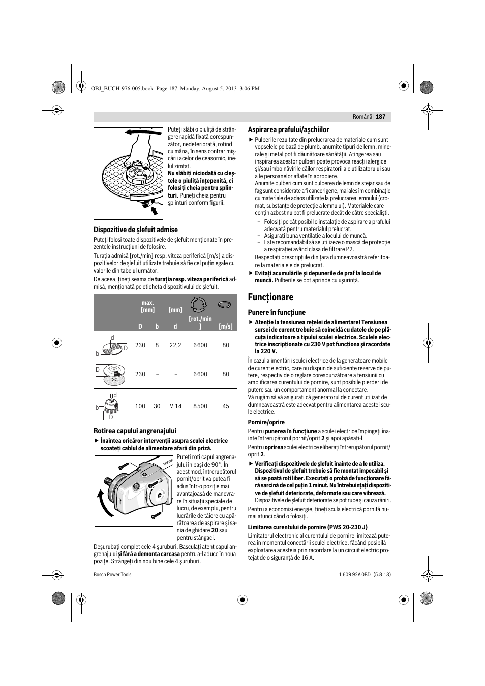 Funcţionare | Bosch PWS 20-230 J User Manual | Page 187 / 267