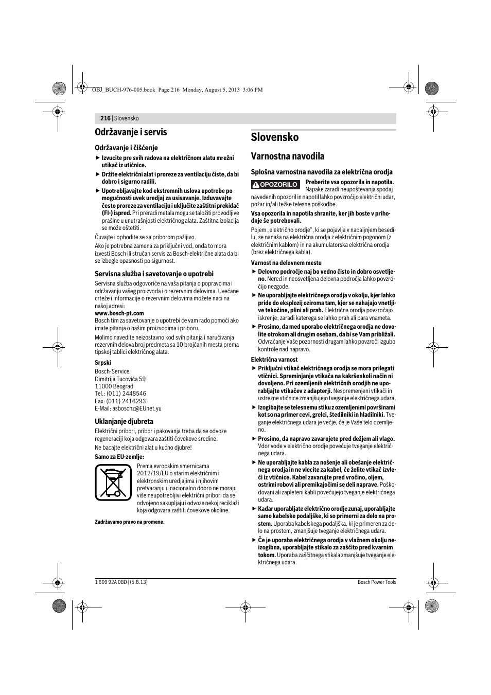 Slovensko, Održavanje i servis, Varnostna navodila | Bosch PWS 20-230 J User Manual | Page 216 / 267