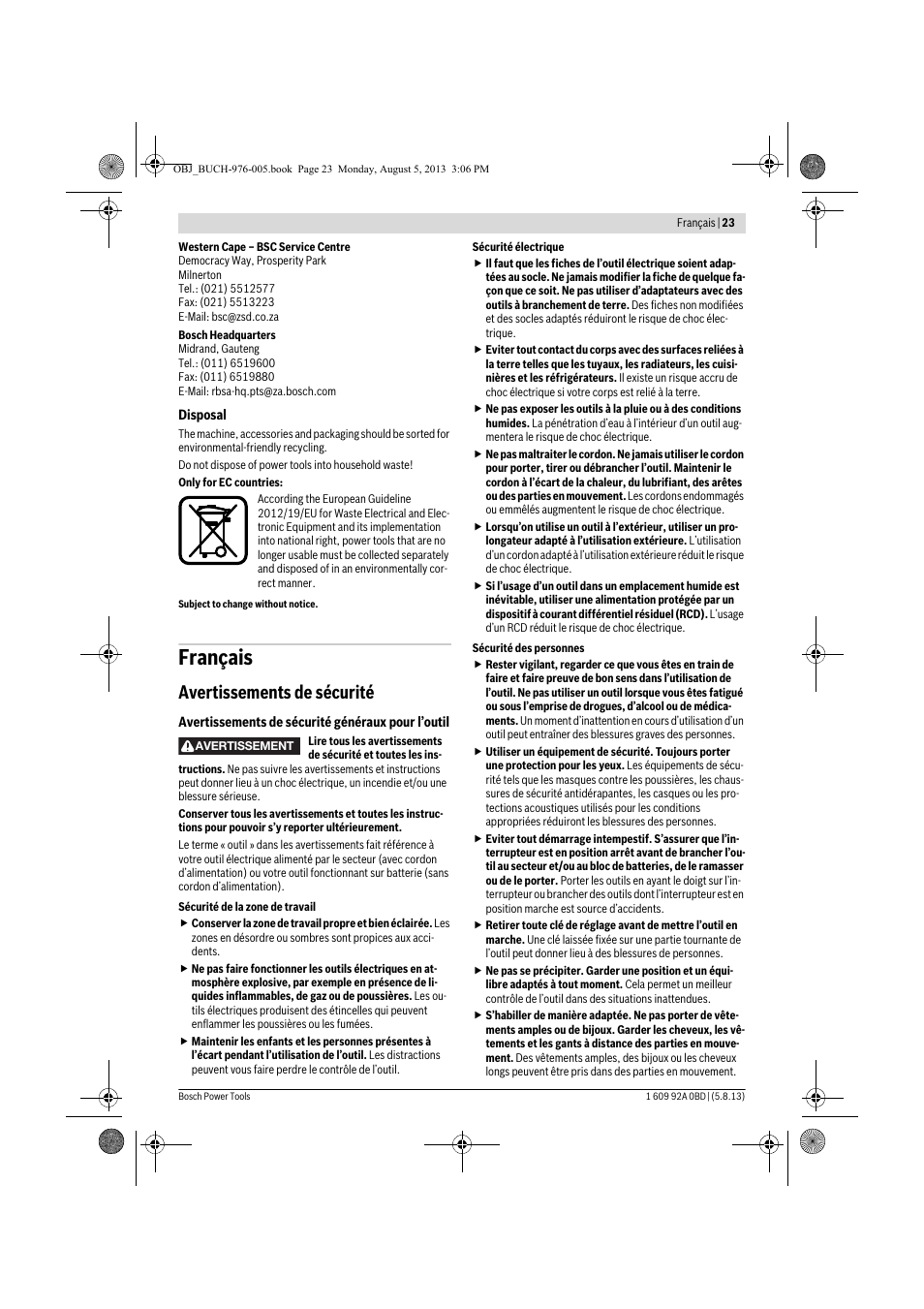 Français, Avertissements de sécurité | Bosch PWS 20-230 J User Manual | Page 23 / 267