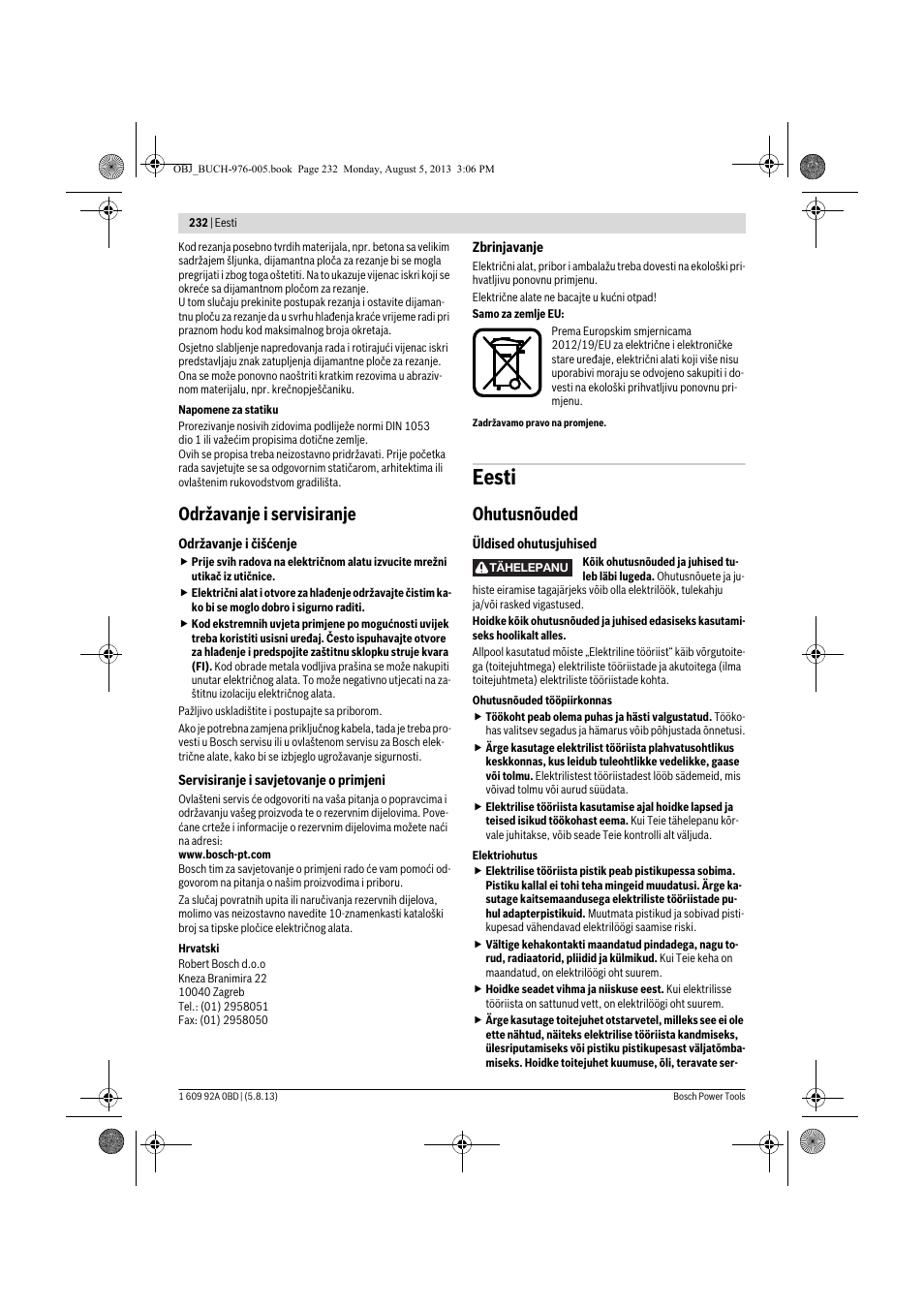 Eesti, Održavanje i servisiranje, Ohutusnõuded | Bosch PWS 20-230 J User Manual | Page 232 / 267