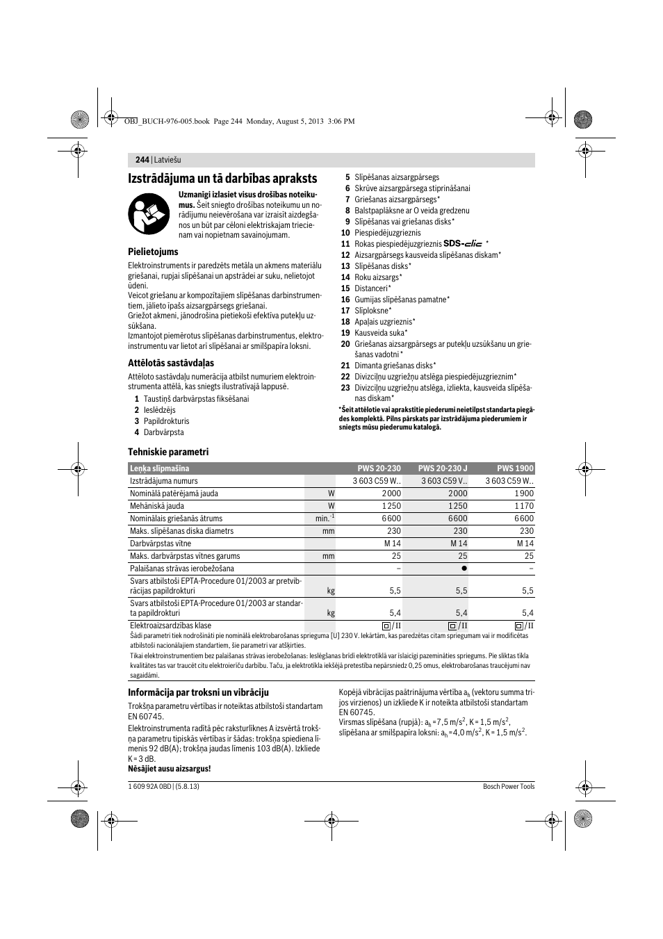 Izstrādājuma un tā darbības apraksts | Bosch PWS 20-230 J User Manual | Page 244 / 267