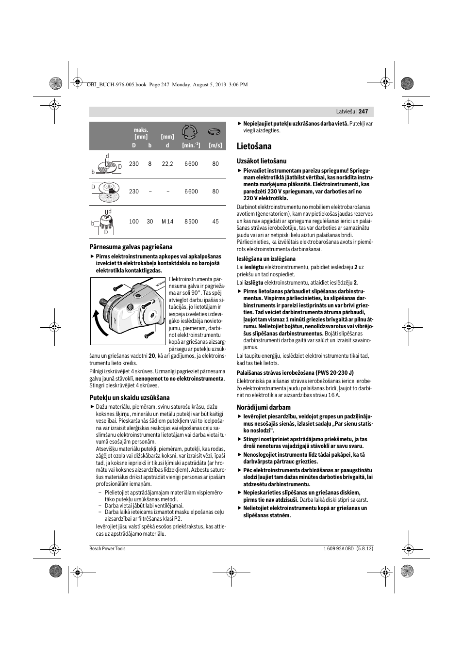 Lietošana | Bosch PWS 20-230 J User Manual | Page 247 / 267