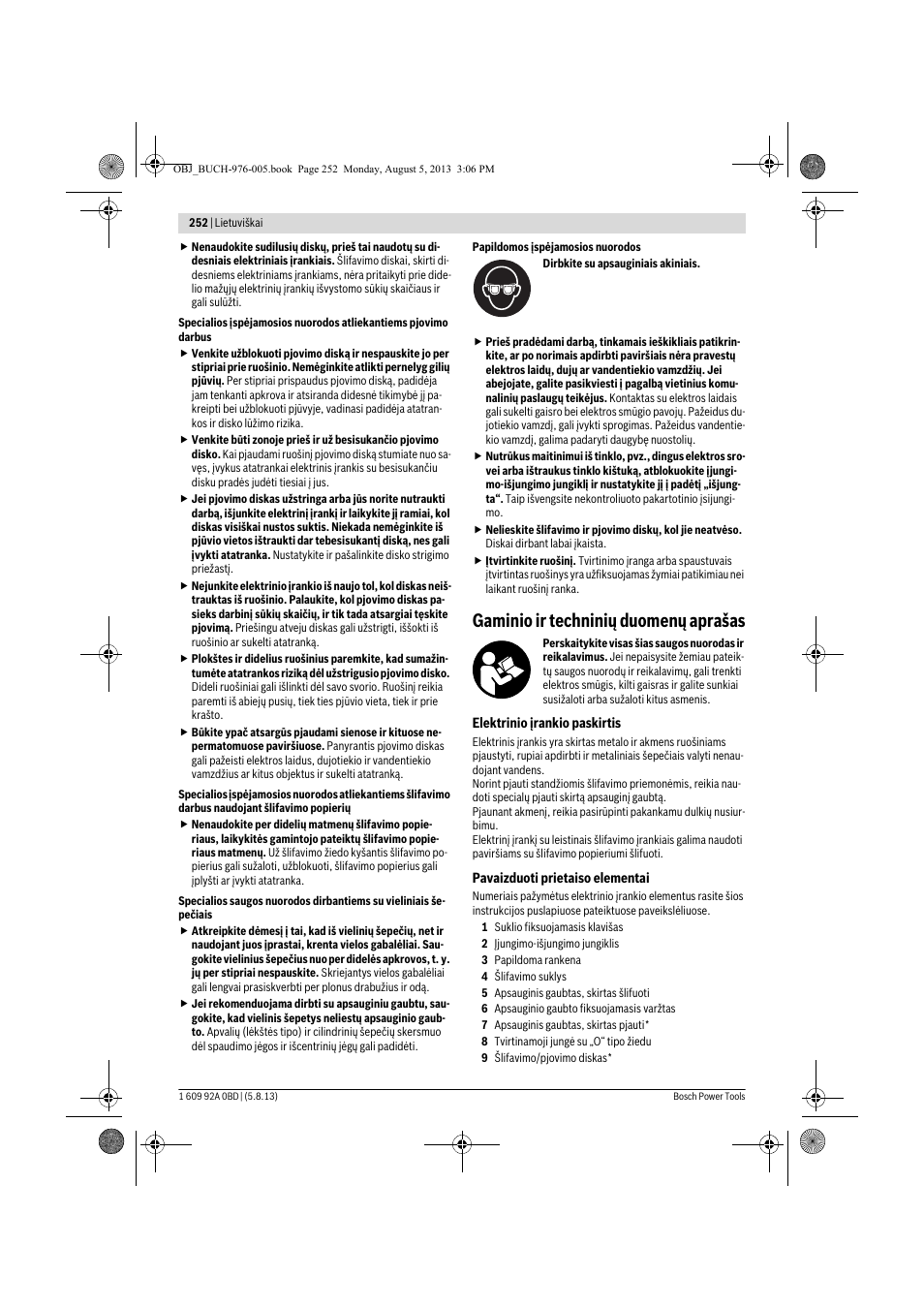 Gaminio ir techninių duomenų aprašas | Bosch PWS 20-230 J User Manual | Page 252 / 267