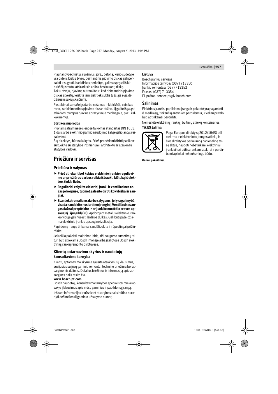 Priežiūra ir servisas | Bosch PWS 20-230 J User Manual | Page 257 / 267